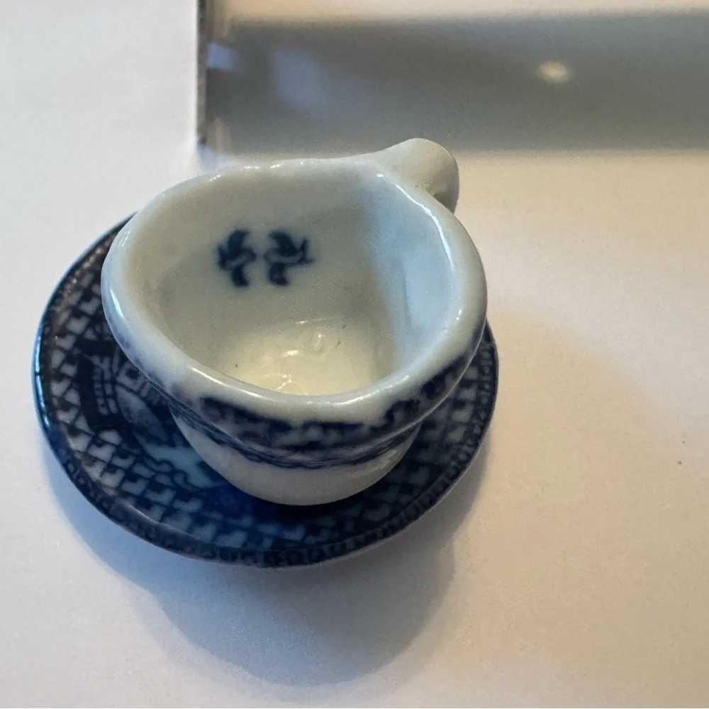 Blue and White Miniature transferware cup saucer tiny miniatures collectible